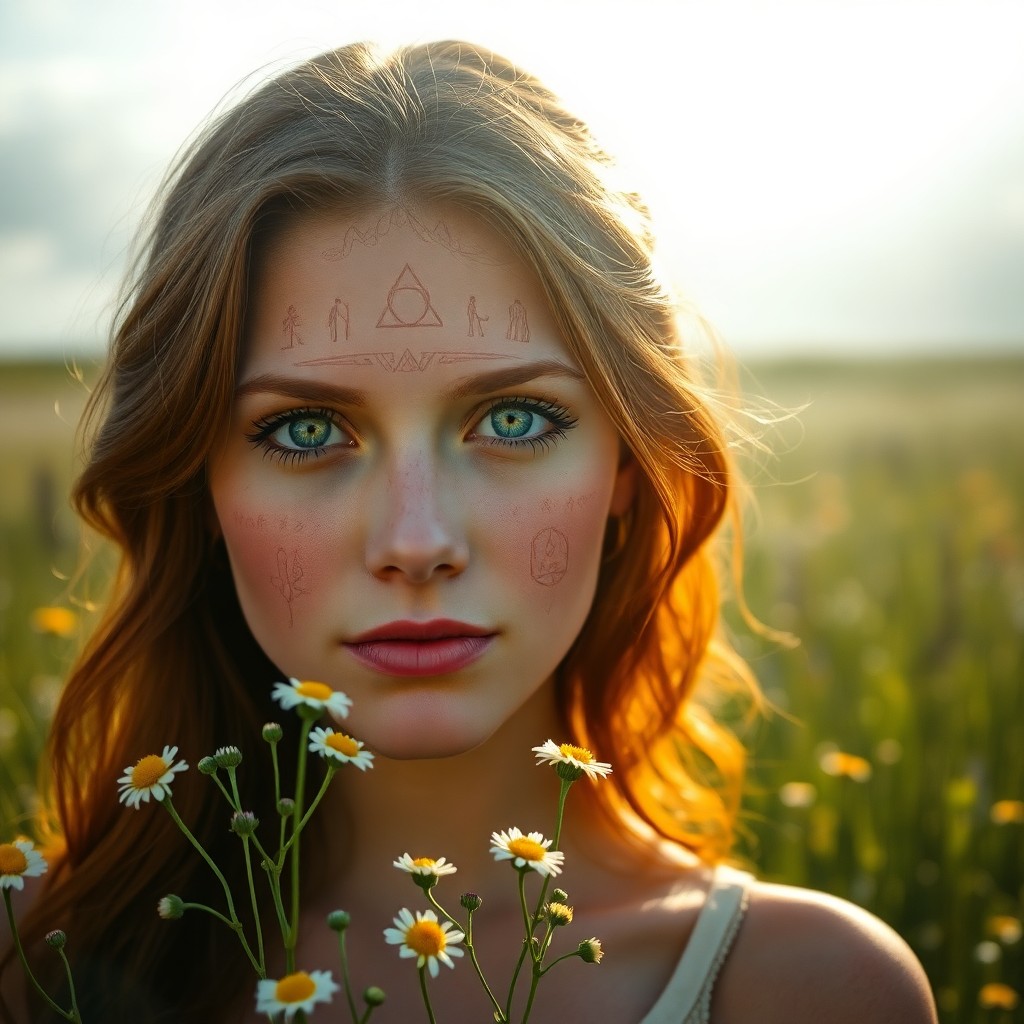 AI generated art for prompt: A photorealistic portrait depicts a young woman with rich auburn hair and striking green eyes. She s