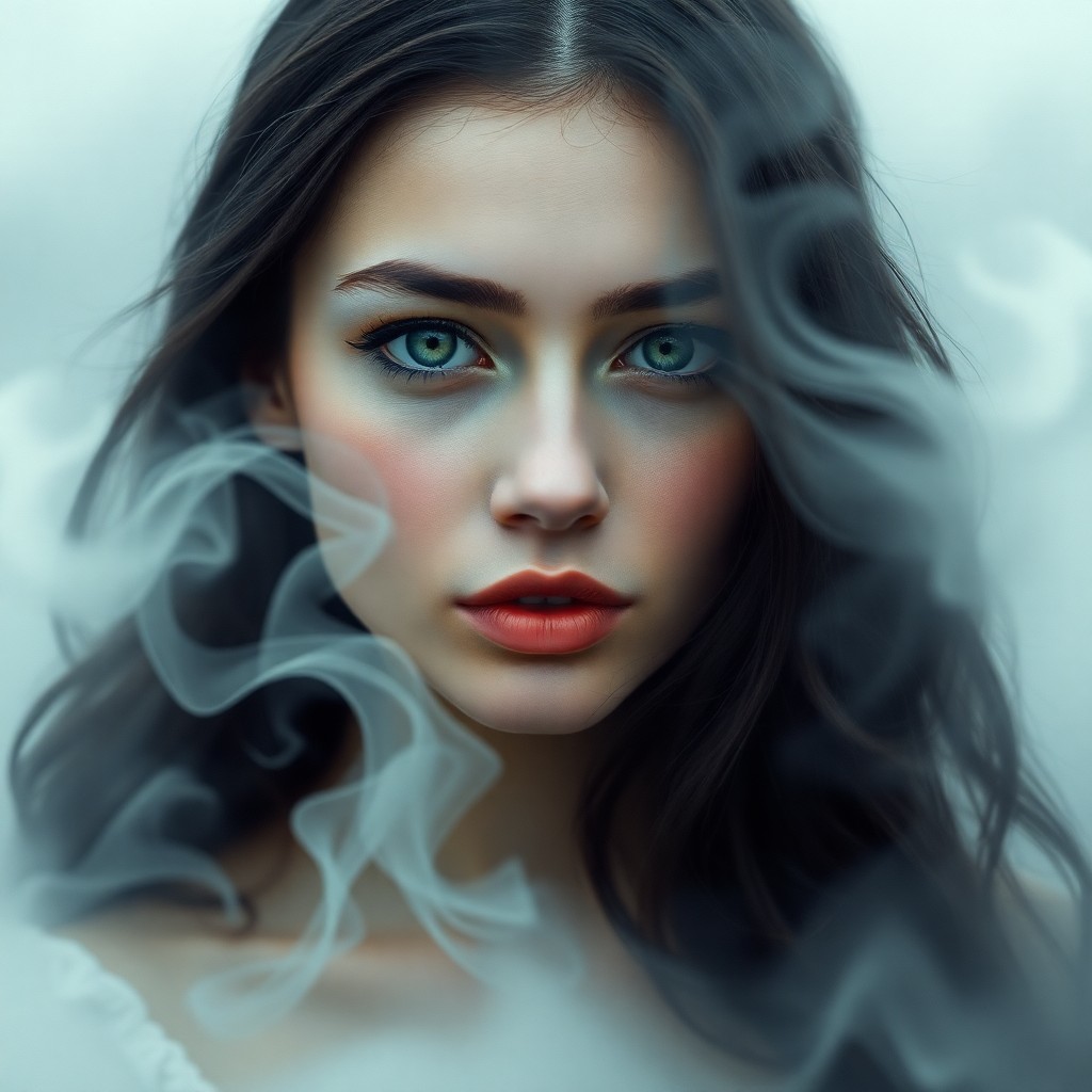 AI generated art for prompt: A young woman with delicate yet striking features stands amidst ethereal mist, her raven hair and em