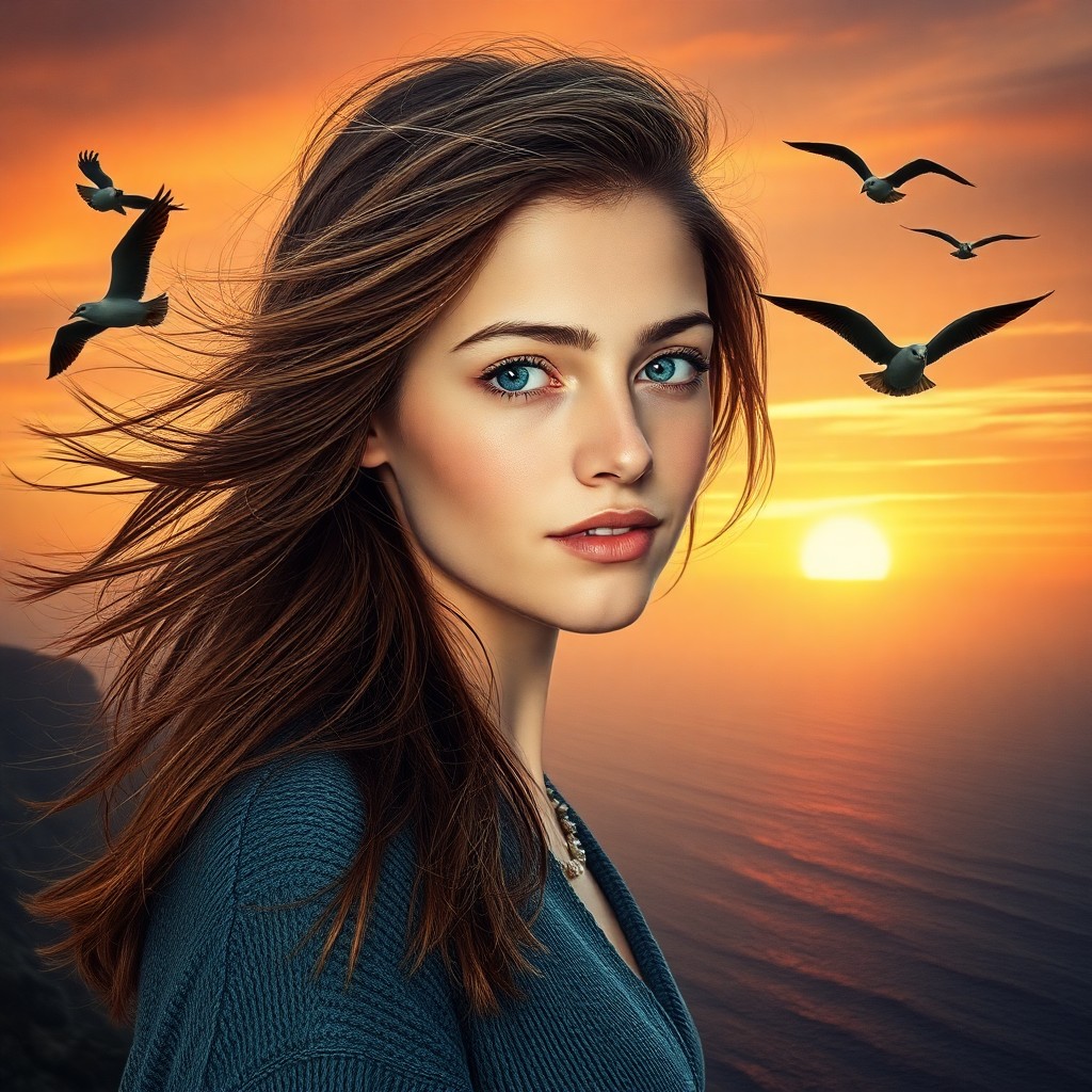 AI generated art for prompt: Craft a photorealistic portrait of a youthful woman in her early twenties with captivating blue eyes