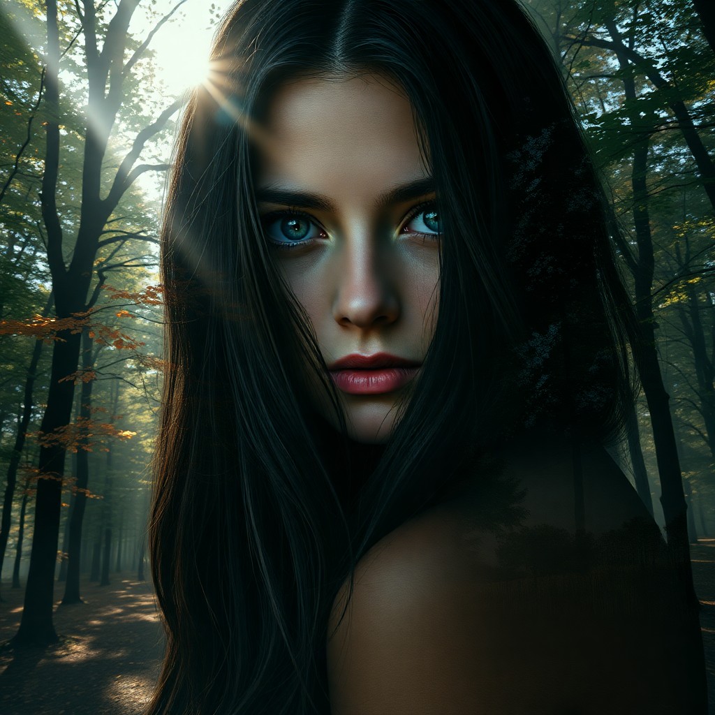 AI generated art for prompt: A photorealistic double exposure portrait showcases a young woman with long, dark hair and intense g