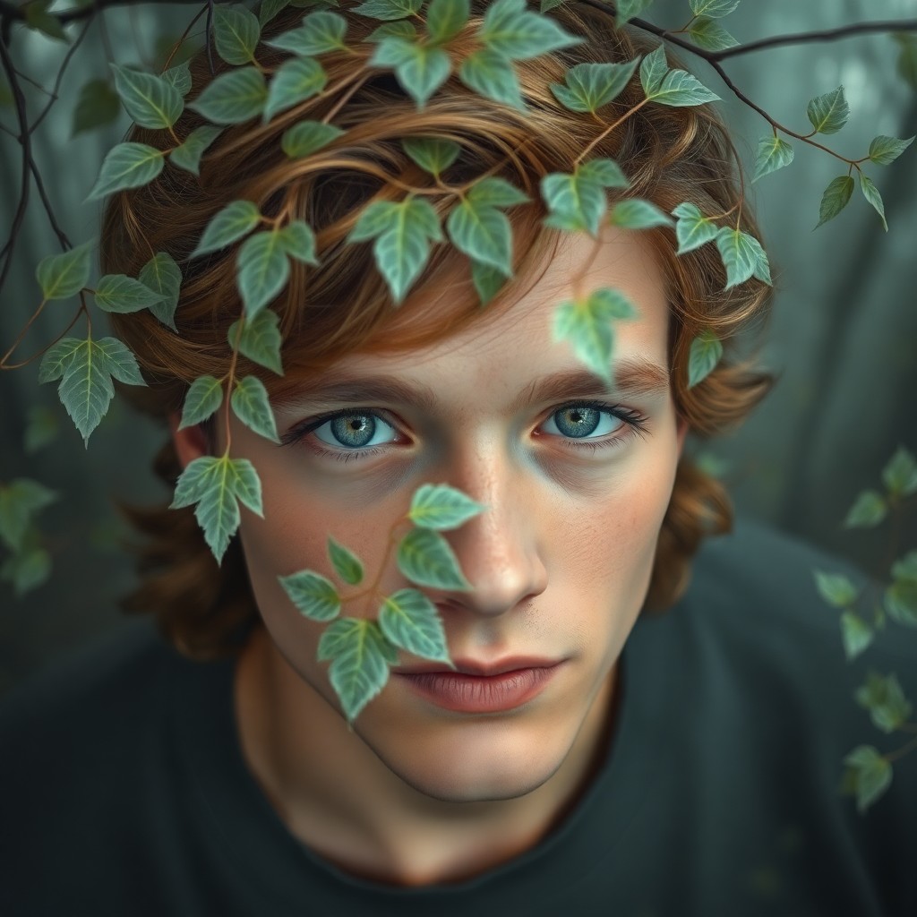 AI generated art for prompt: Piercing blue eyes peer through a veil of delicate translucent leaves that seem to sprout from his w