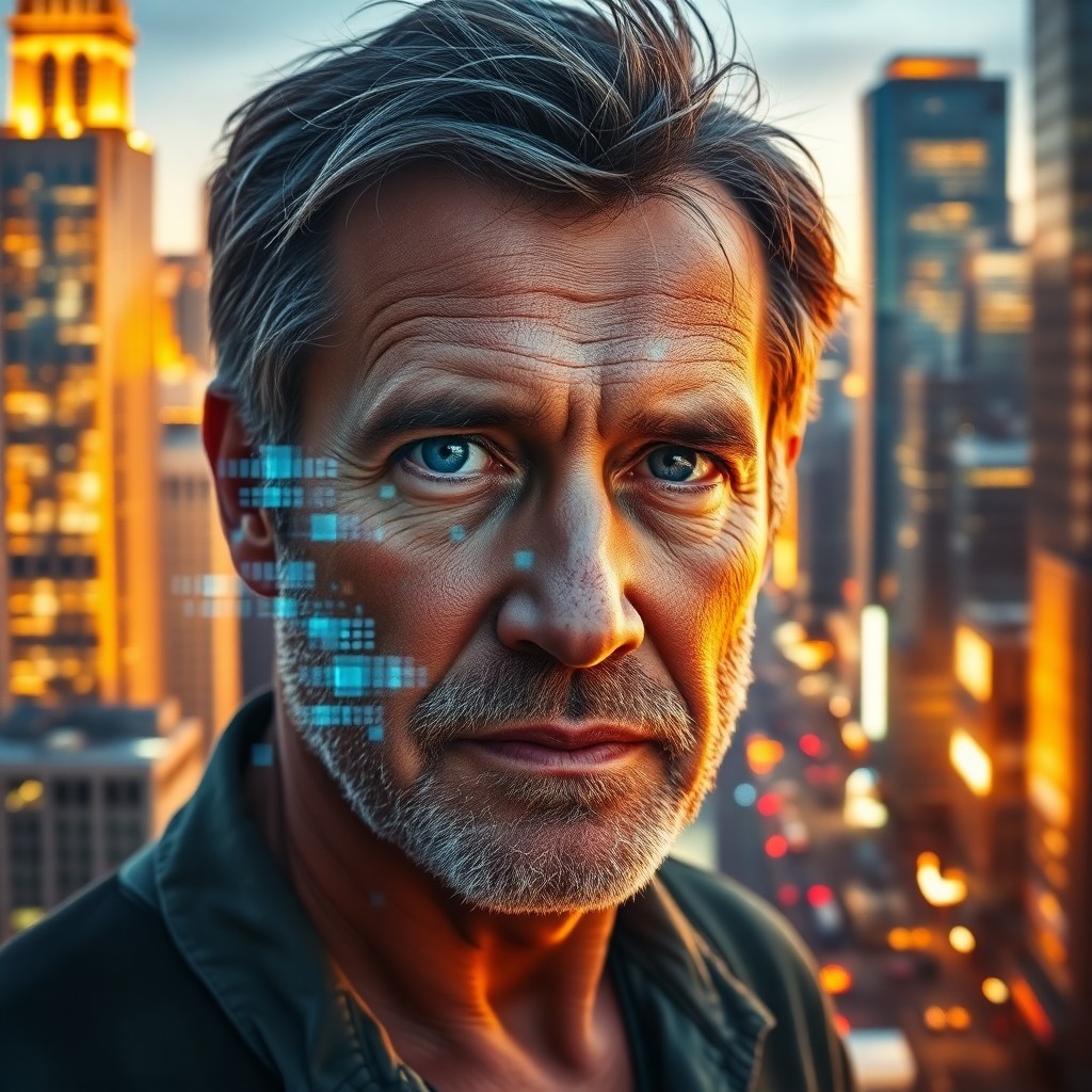 AI generated art for prompt: A middle-aged man with weathered features and striking blue eyes stands amidst a bustling cityscape 