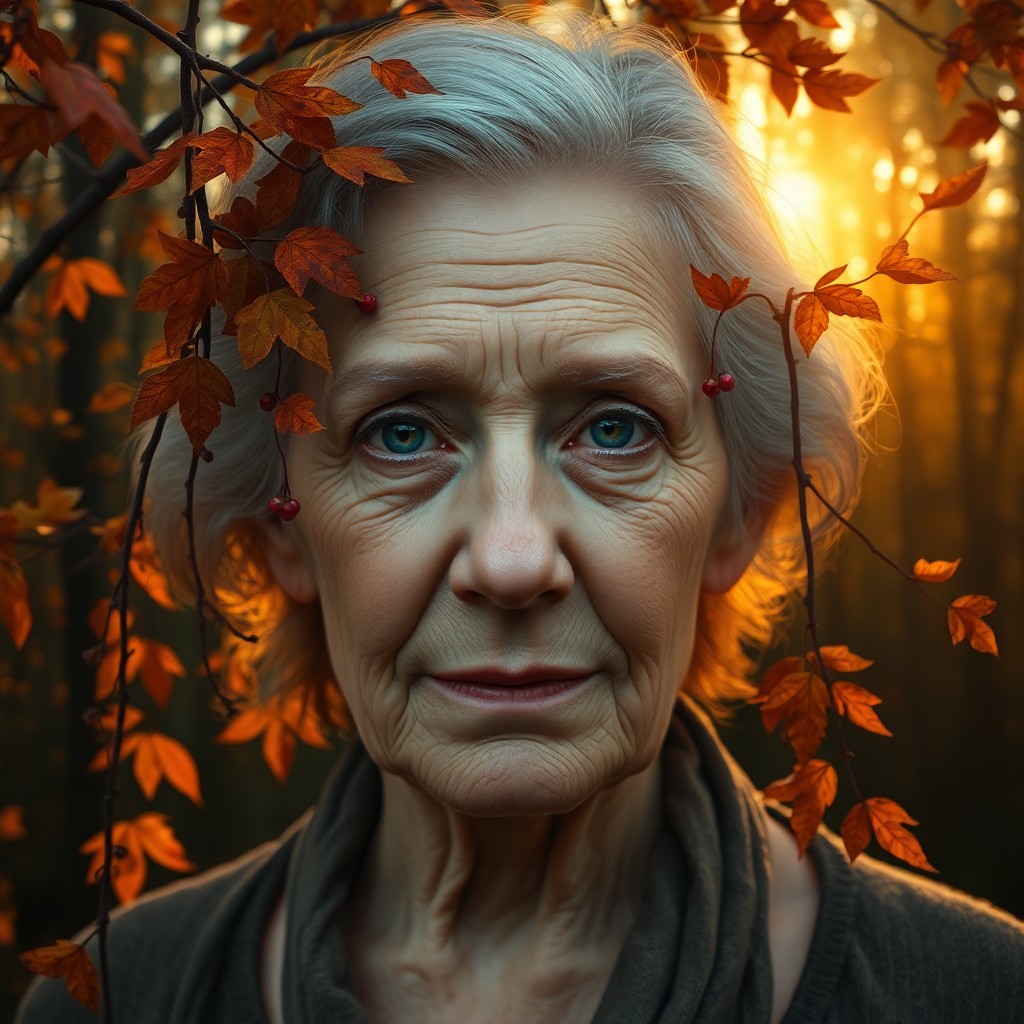 AI generated art for prompt: A photorealistic digital portrait depicts an elderly woman with a serene expression and wise eyes, h