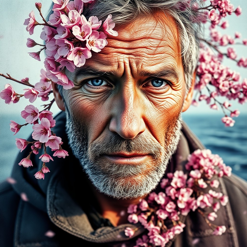 AI generated art for prompt: A captivating double exposure portrait showcases a weathered fisherman with striking blue eyes and a