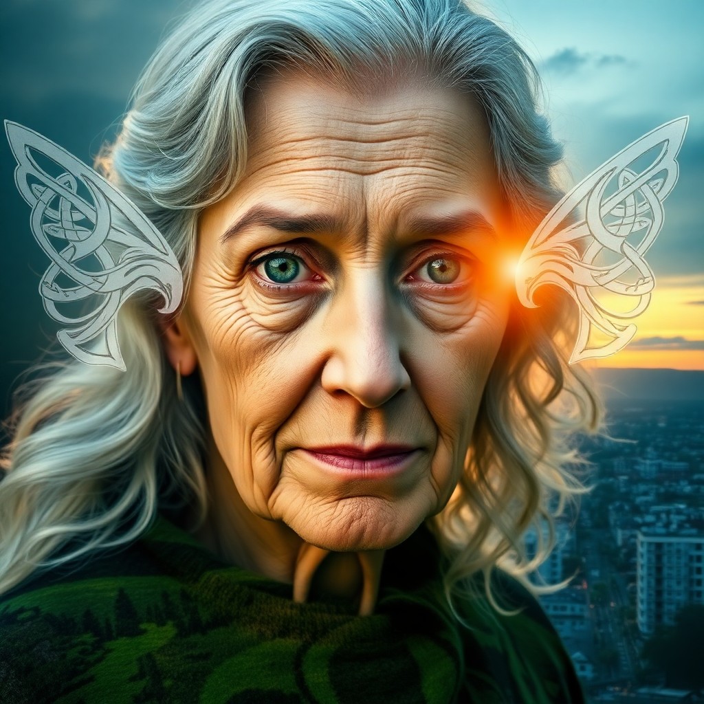 AI generated art for prompt: Craft an exquisite double exposure portrait of a wise elderly woman with piercing green eyes and sil