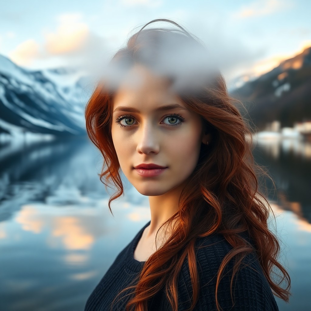 AI generated art for prompt: A young woman with cascading auburn curls stands at the tranquil lake's edge, her reflection distort