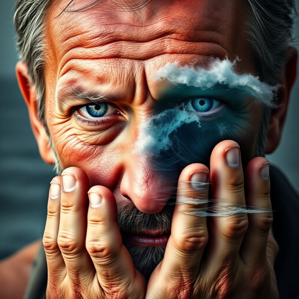 AI generated art for prompt: A captivating double exposure portrait showcases a rugged middle-aged man with sun-kissed skin and p