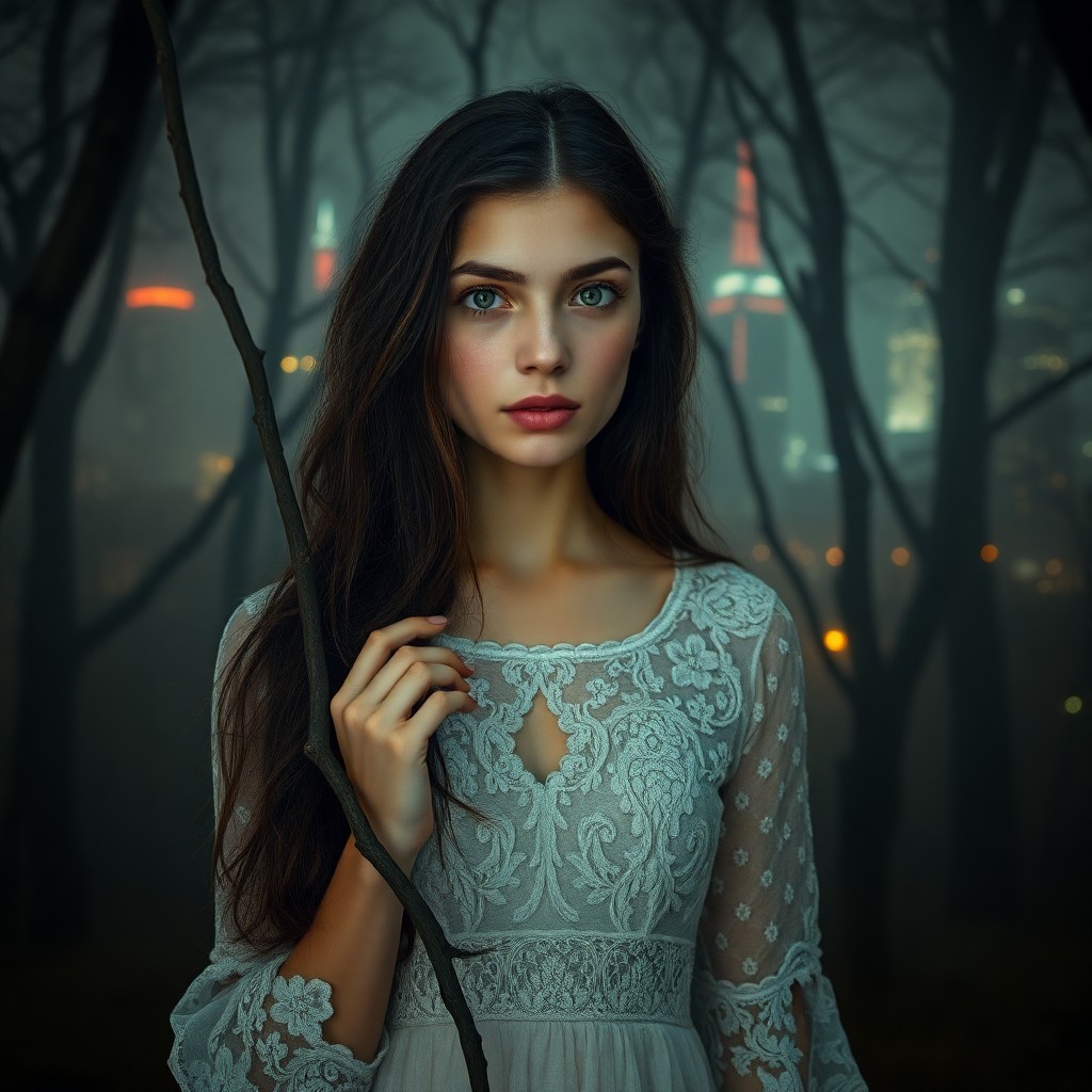 AI generated art for prompt: A young woman with long, dark hair and piercing green eyes stands amidst a mist-shrouded forest, her