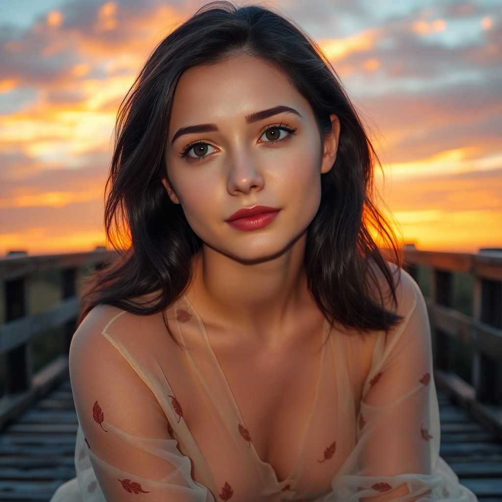 AI generated art for prompt: A photorealistic portrait depicts a woman in her late twenties with a soft yet pensive expression. H