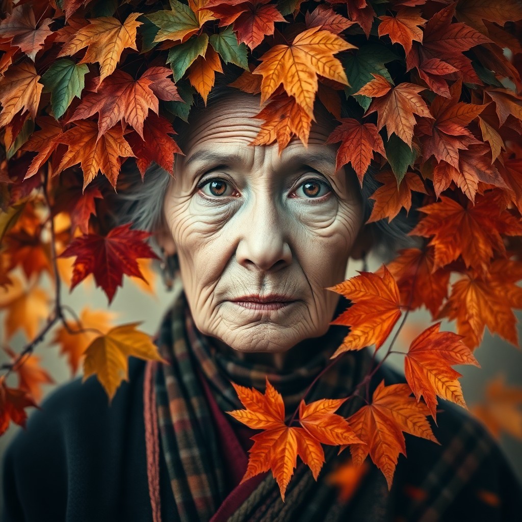 AI generated art for prompt: A captivating double exposure portrait showcases an elderly woman's enigmatic gaze amidst a tapestry