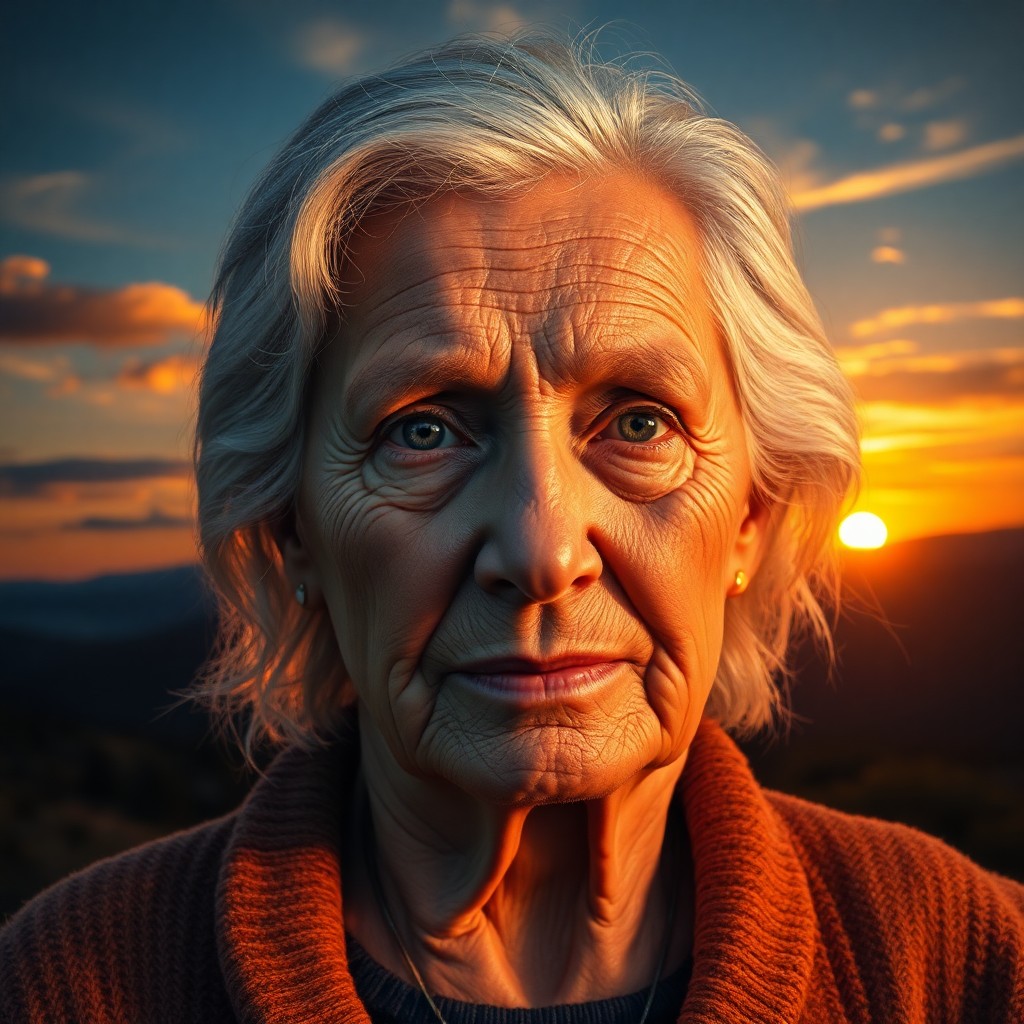 AI generated art for prompt: Envision a photorealistic portrait of an elderly woman with deep, soulful eyes mirroring the sunset'