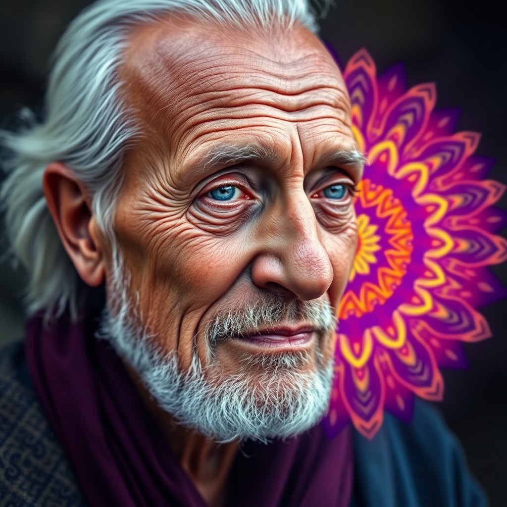 AI generated art for prompt: A photorealistic portrait photograph depicts an elderly sage with a face etched by experience, his d