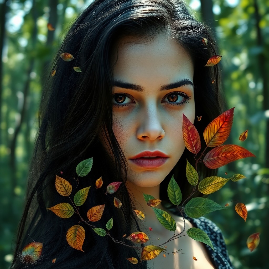 AI generated art for prompt: A captivating photorealistic portrait showcases an enigmatic woman with cascading raven hair, her co