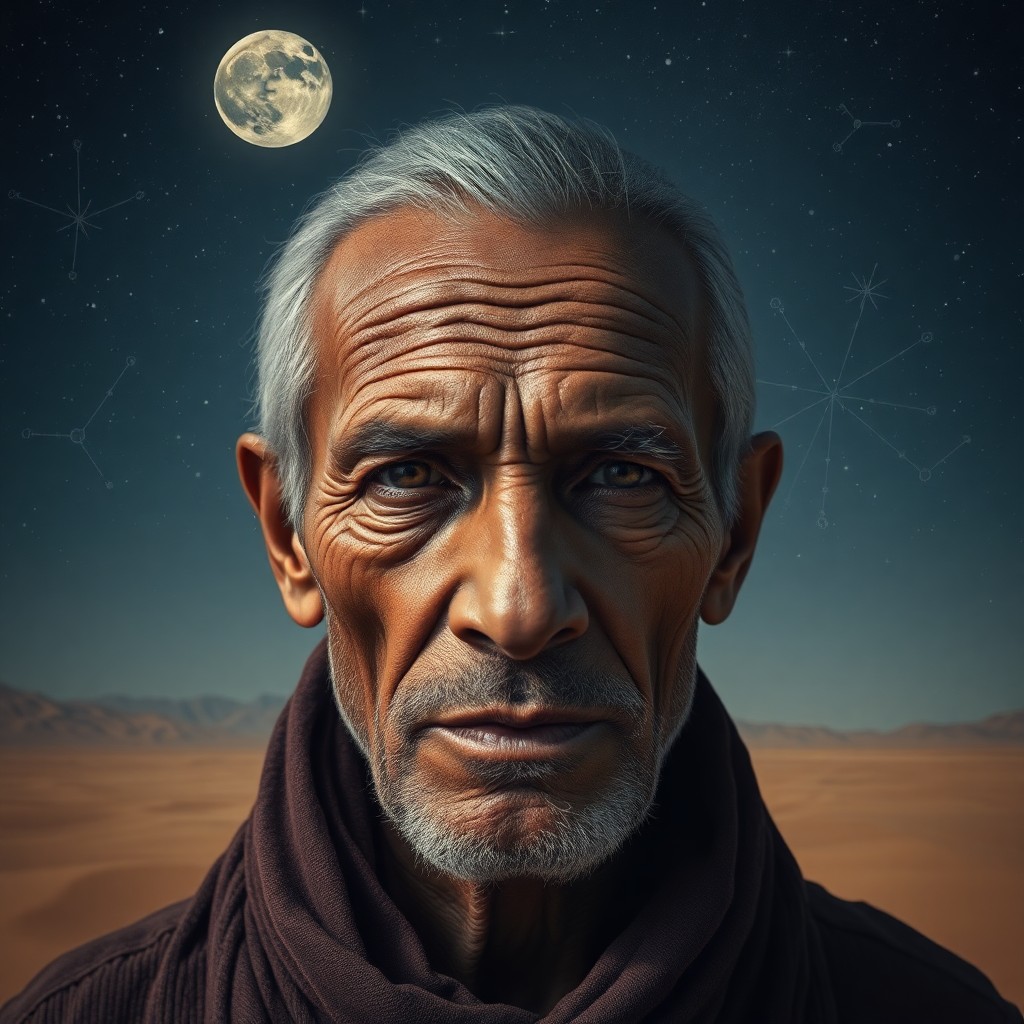 AI generated art for prompt: Aged nomad's striking portrait with weathered skin and piercing eyes against a vast desert under sta