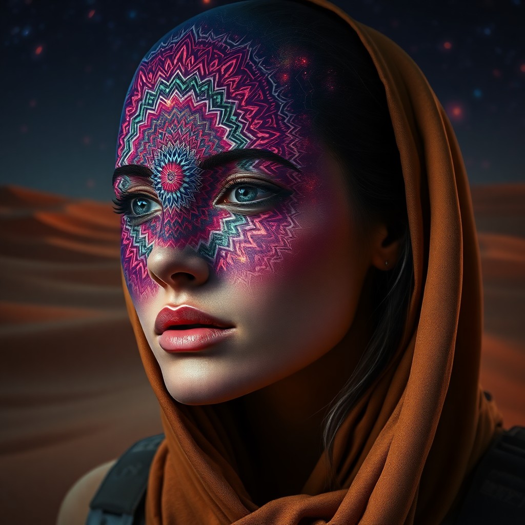 AI generated art for prompt: A captivating digital portrait showcases a female explorer with ethereal features, her face partiall