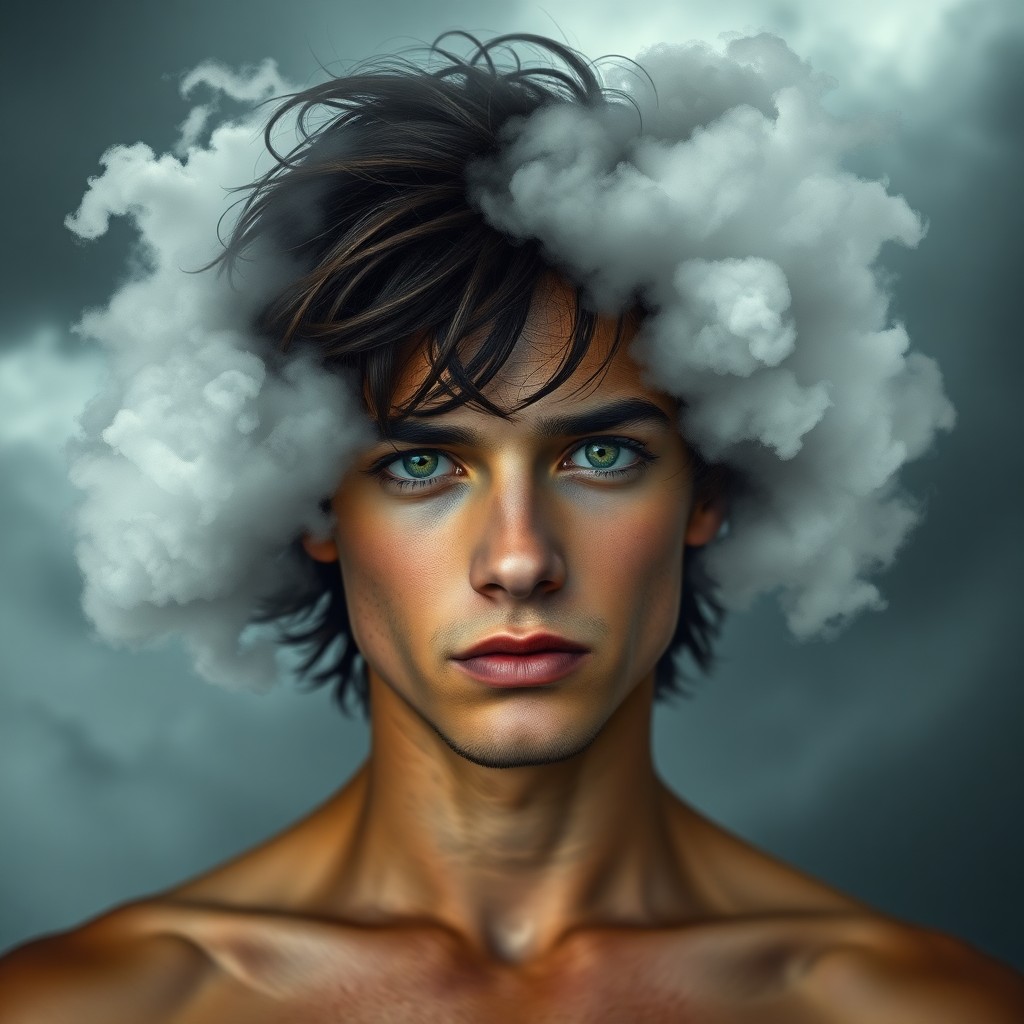 AI generated art for prompt: A captivating portrait showcases a young man with tousled dark brown hair and intense green eyes, pa