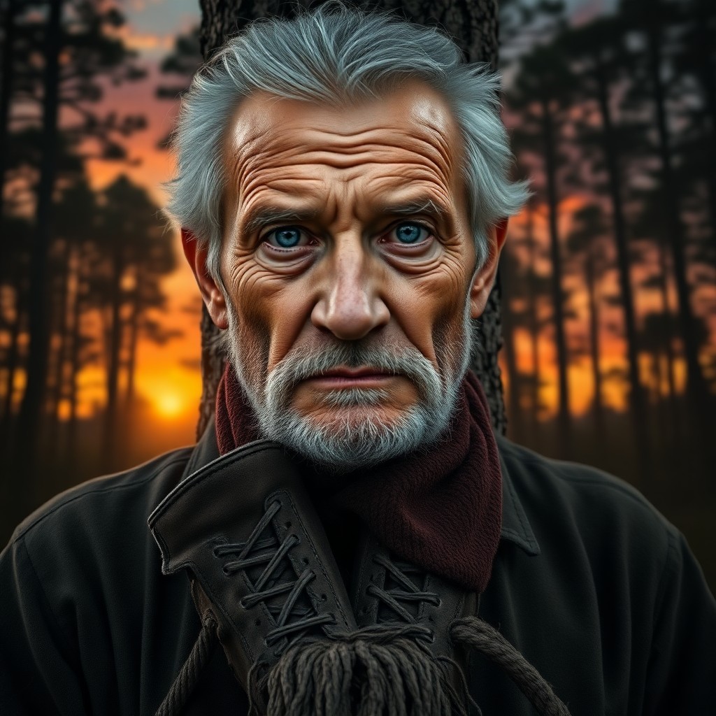 AI generated art for prompt: A photorealistic portrait captures an elderly man's resilience and determination through piercing bl