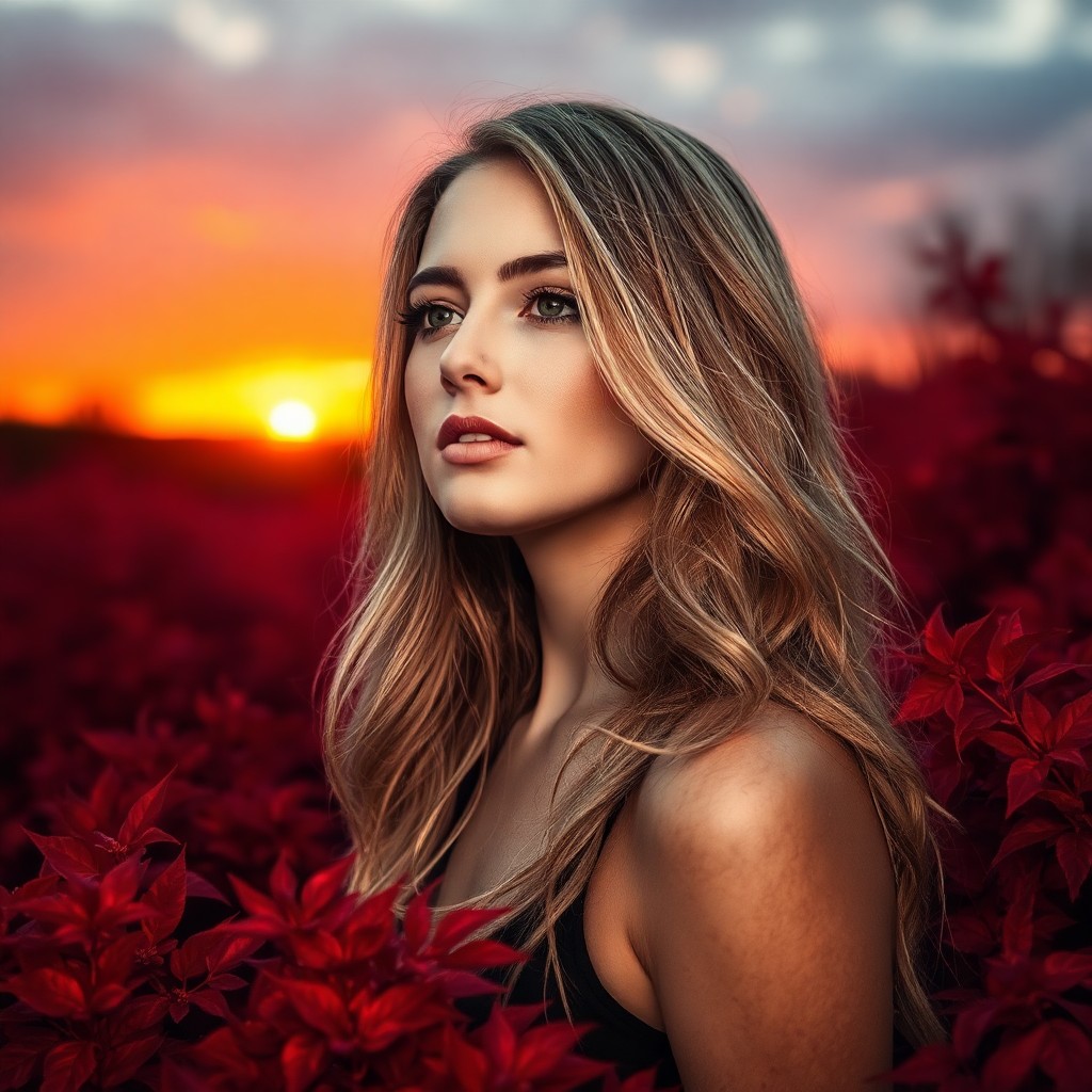 AI generated art for prompt: A young woman with cascading, golden locks stands amidst a sea of crimson autumn leaves, her serene 