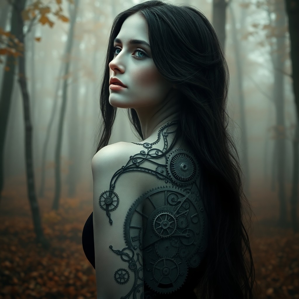 AI generated art for prompt: Amidst a misty autumn forest stands a hauntingly beautiful woman with porcelain skin and cascading r