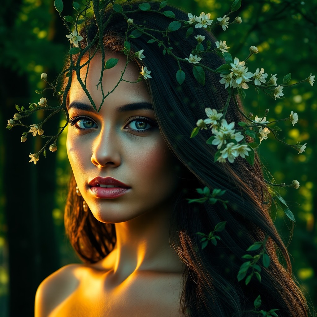 AI generated art for prompt: A double exposure portrait seamlessly merges an enchanting young woman with a verdant forest. Her sm