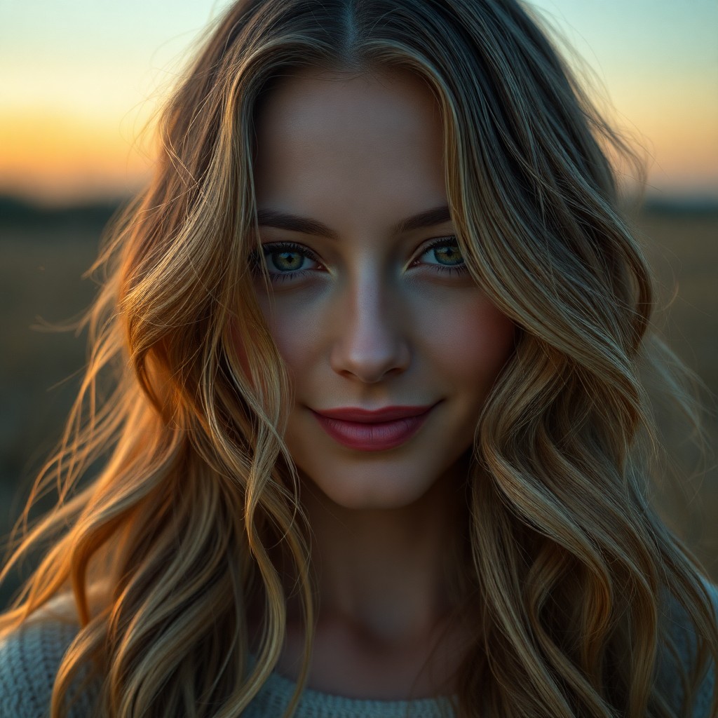 AI generated art for prompt: Craft a photorealistic portrait of a woman in her late 20s with long, wavy hair akin to golden wheat