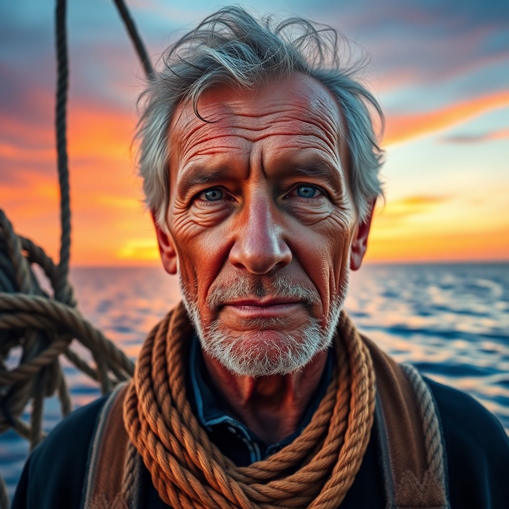 AI generated art for prompt: A photorealistic iPhone portrait captures a weathered fisherman in his late sixties, with sun-kissed