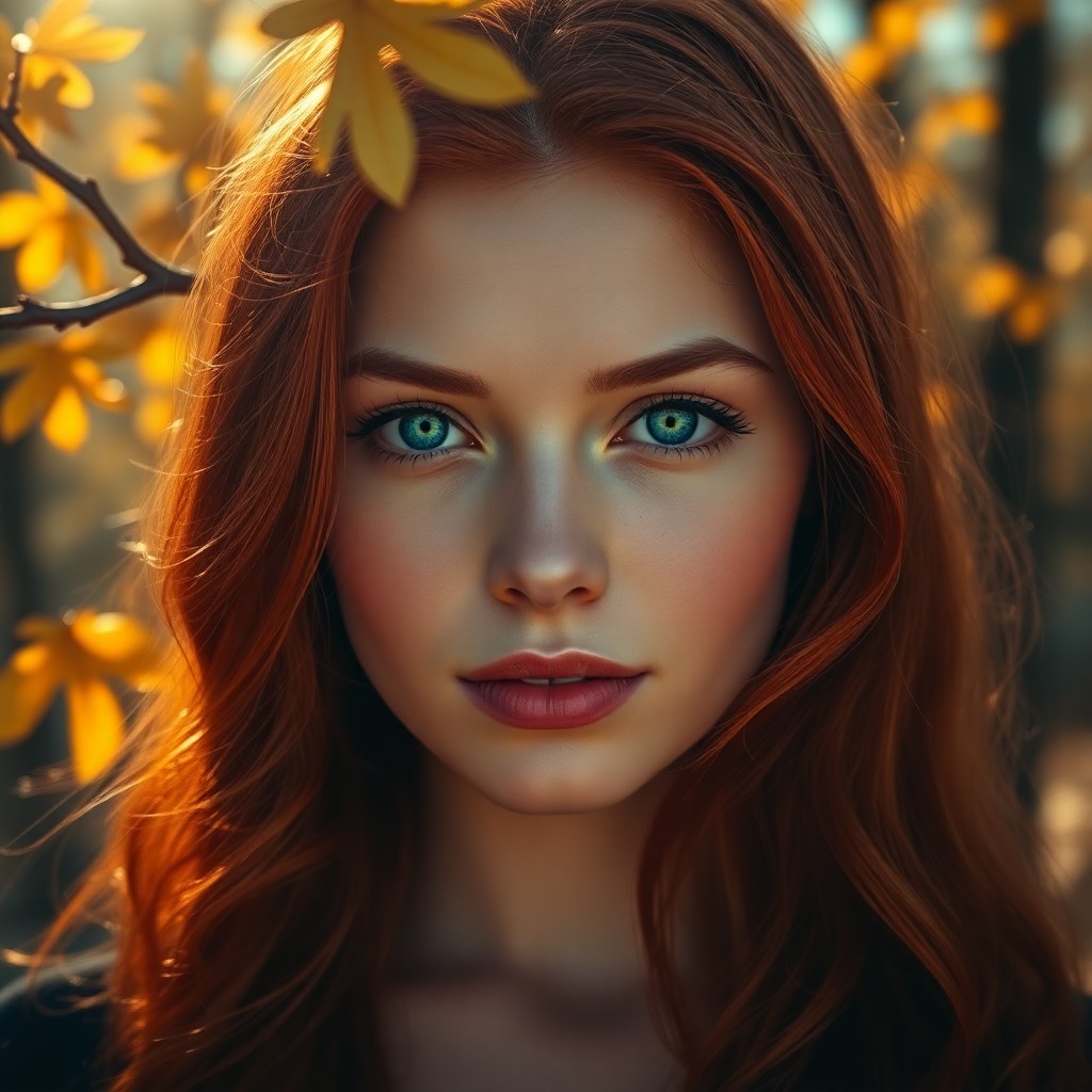 AI generated art for prompt: A photorealistic portrait depicts a young woman with fiery red hair flowing down her shoulders, seam