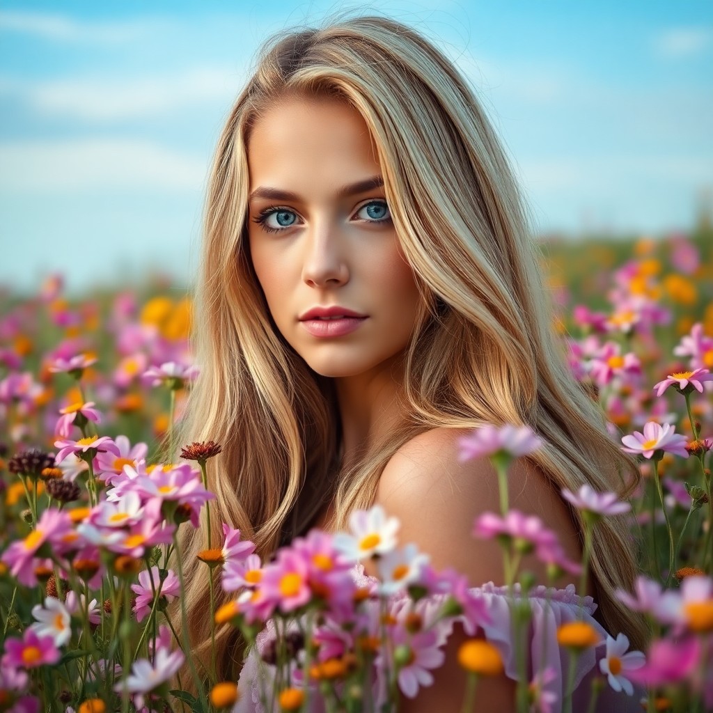 AI generated art for prompt: A serene portrait photograph showcases a young woman adorned with cascading golden locks and piercin