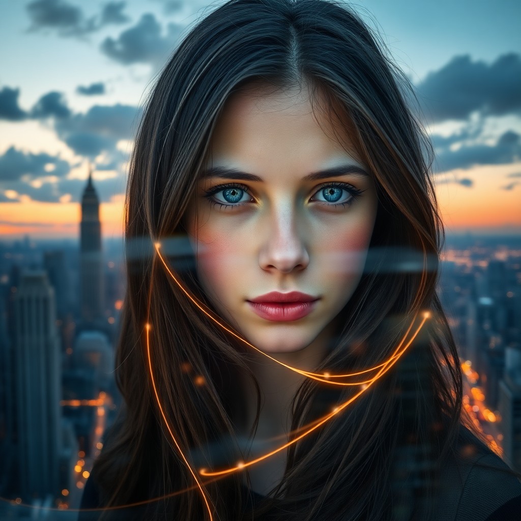 AI generated art for prompt: A photorealistic portrait depicts a young woman with piercing blue eyes and cascading dark hair, los