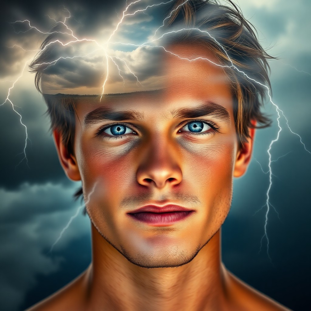 AI generated art for prompt: A captivating portrait captures a young man with piercing blue eyes and sun-kissed skin, his visage 