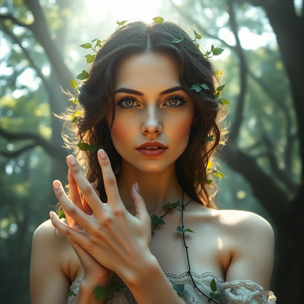 AI generated art for prompt: An ethereal portrait captures a woman's timeless allure against an ancient forest backdrop. Her skin