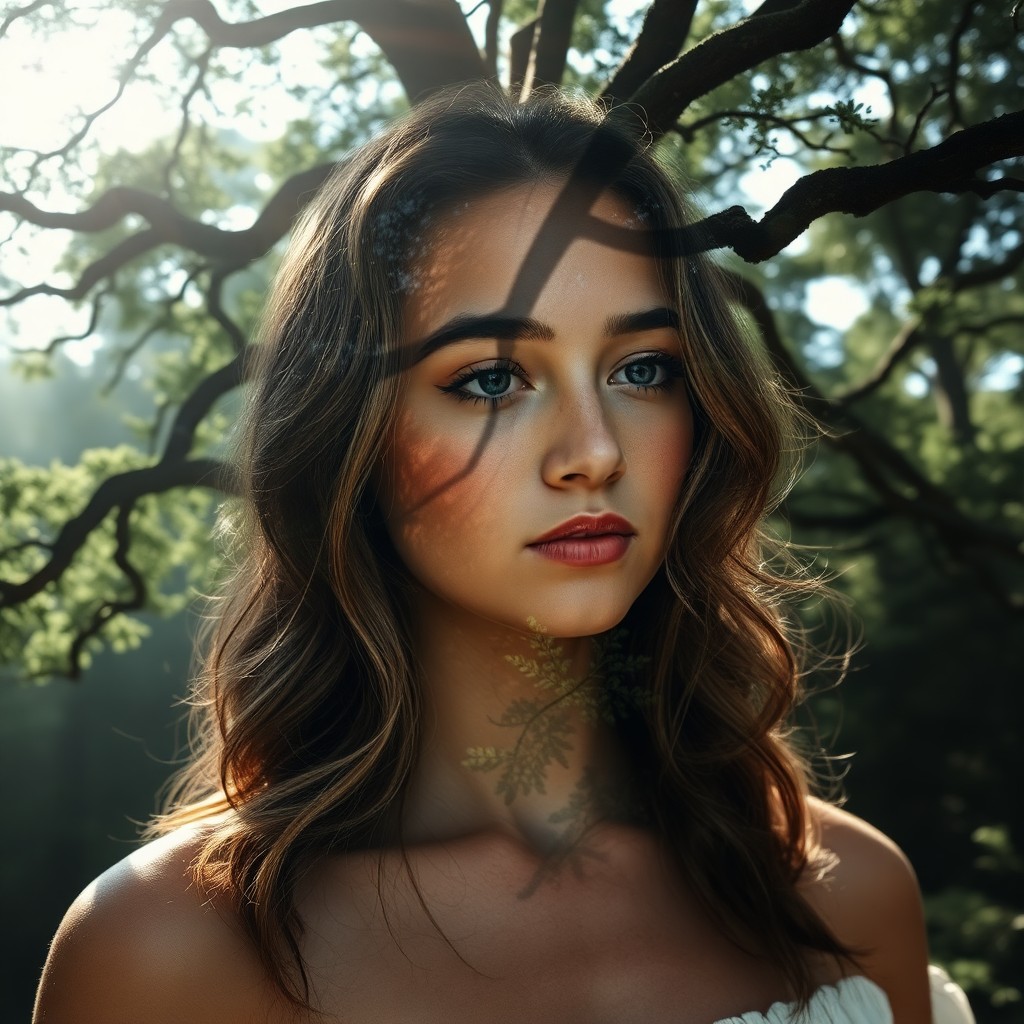 AI generated art for prompt: Envision a captivating double exposure portrait of a serene young woman with delicate features and c