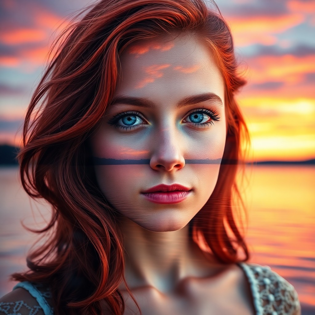 AI generated art for prompt: Craft a vivid double exposure portrait of a young woman with cascading red hair and intense blue eye