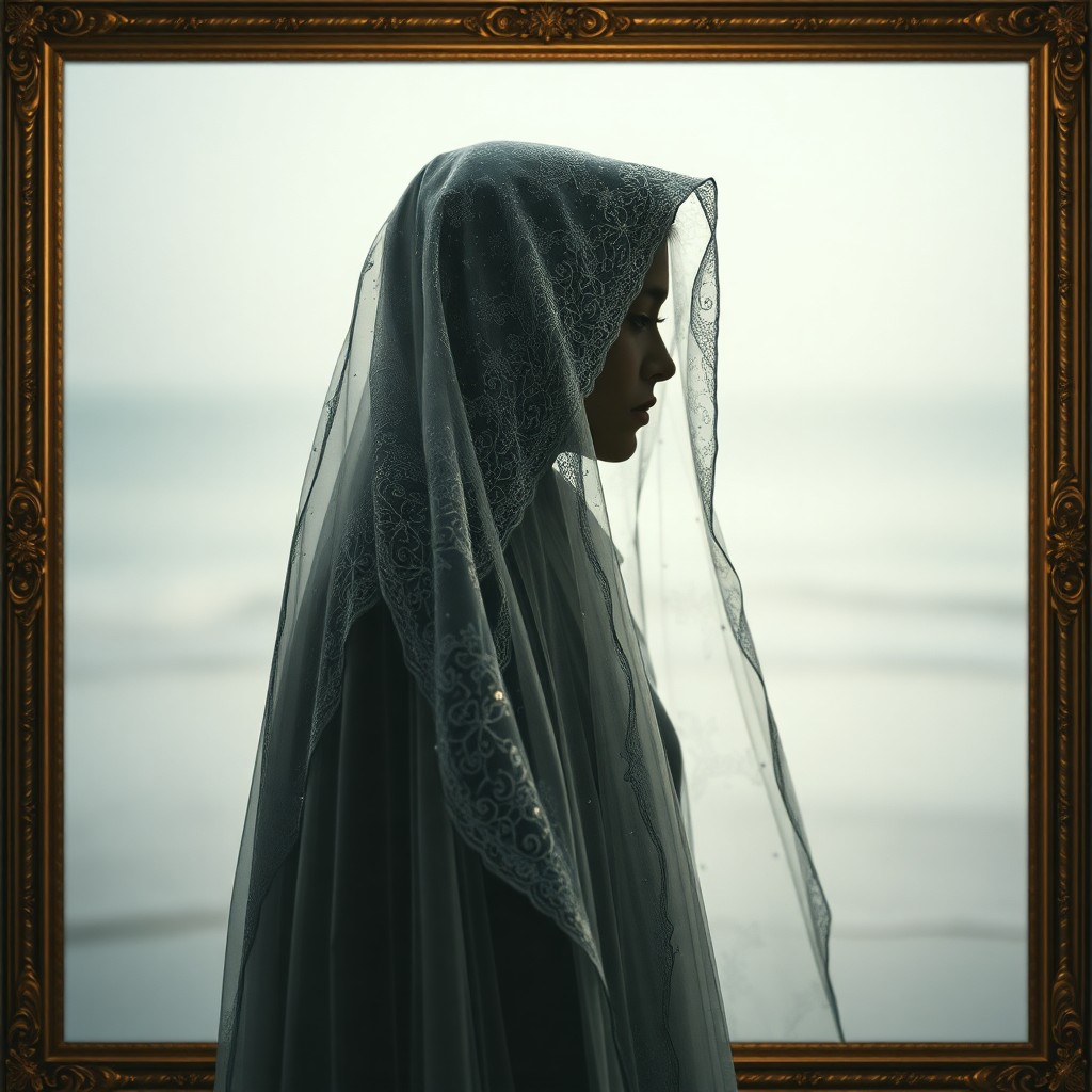 AI generated art for prompt: A captivating digital portrait showcases an enigmatic figure cloaked in an antique lace veil adorned