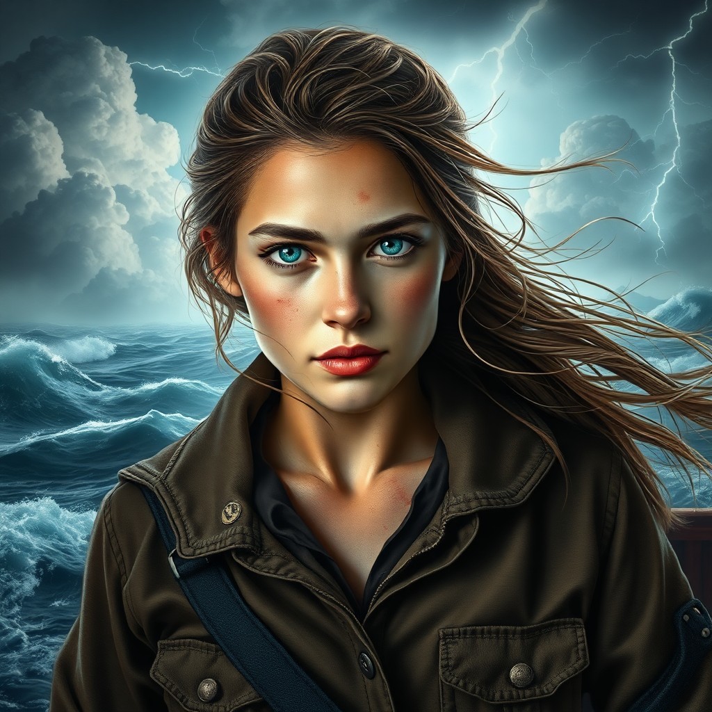 AI generated art for prompt: Craft a photorealistic digital portrait showcasing an impassioned young woman amidst churning waves 