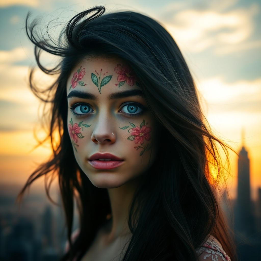 AI generated art for prompt: A photorealistic portrait captured by a DSLR showcases a youthful woman with piercing blue eyes and 