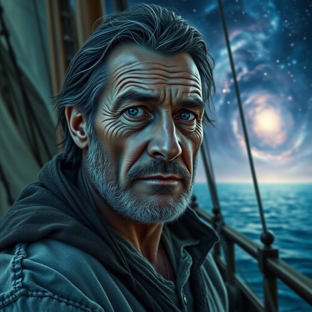 AI generated art for prompt: A weathered middle-aged sailor with piercing blue eyes and a rugged complexion stands on an ancient 