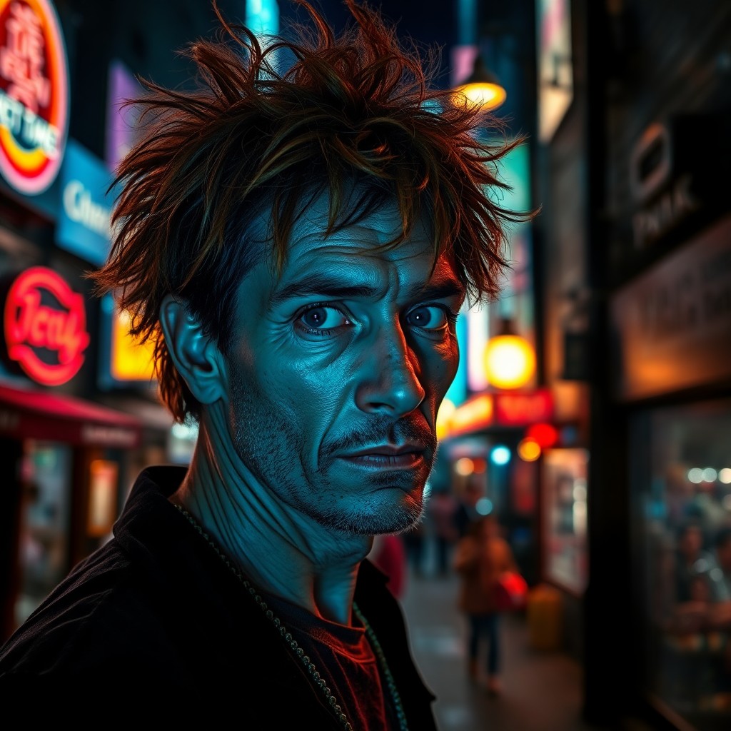 AI generated art for prompt: Enigmatic artist with weathered features and fiery untamed hair stands amidst a bustling cityscape a