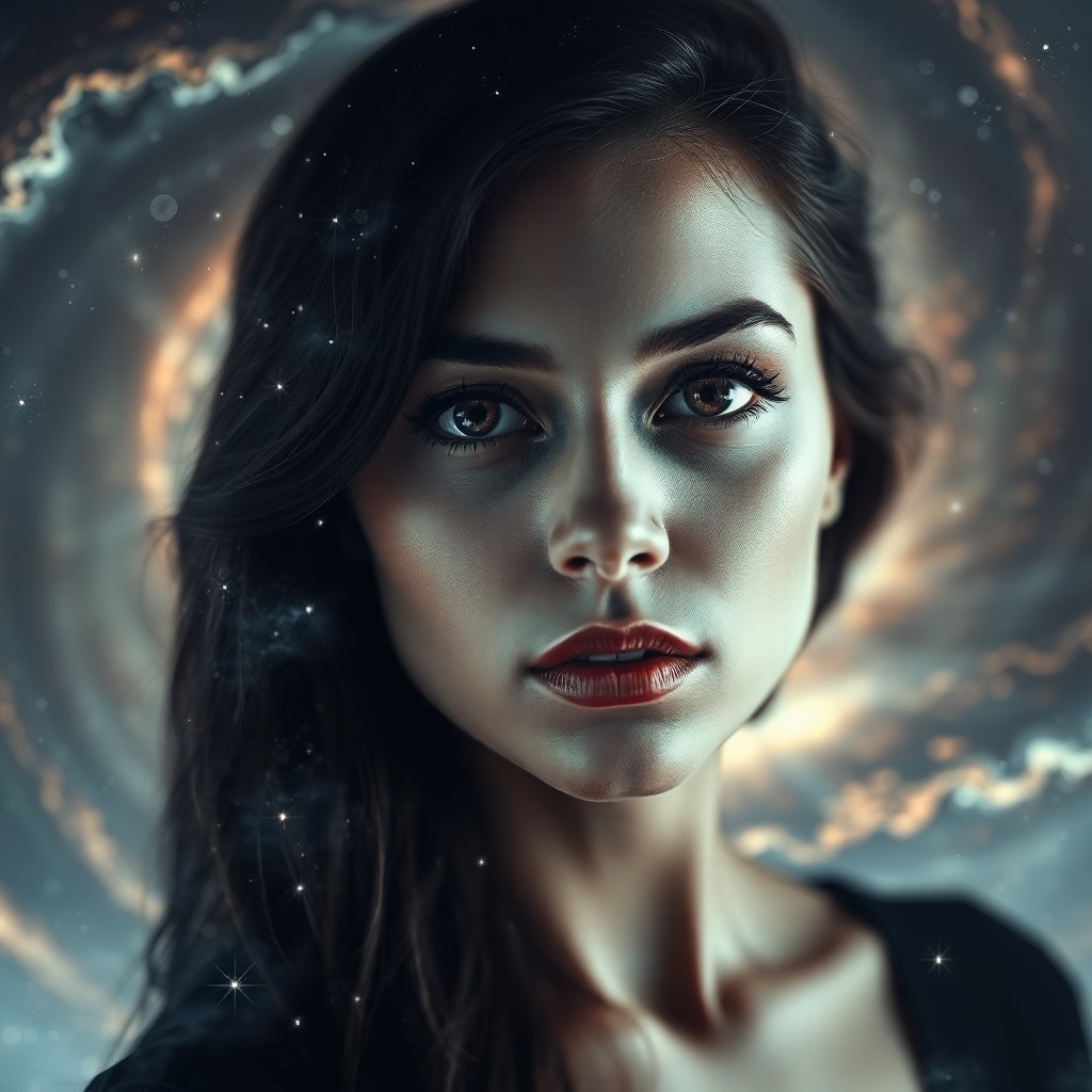 AI generated art for prompt: A captivating double exposure portrait showcases an enigmatic woman with deep, piercing eyes that se