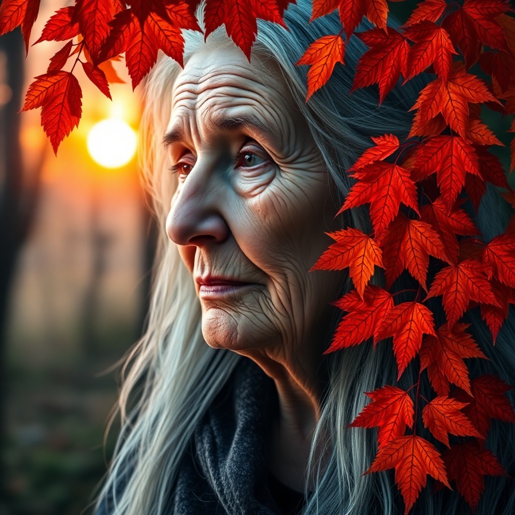 AI generated art for prompt: Imagine an elderly woman with weathered skin and profound wisdom in her eyes standing amidst a dense