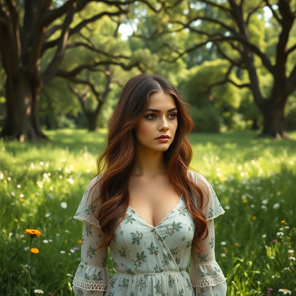 AI generated art for prompt: Amidst a verdant meadow, a woman with cascading chestnut waves and enigmatic dark eyes dons an airy 