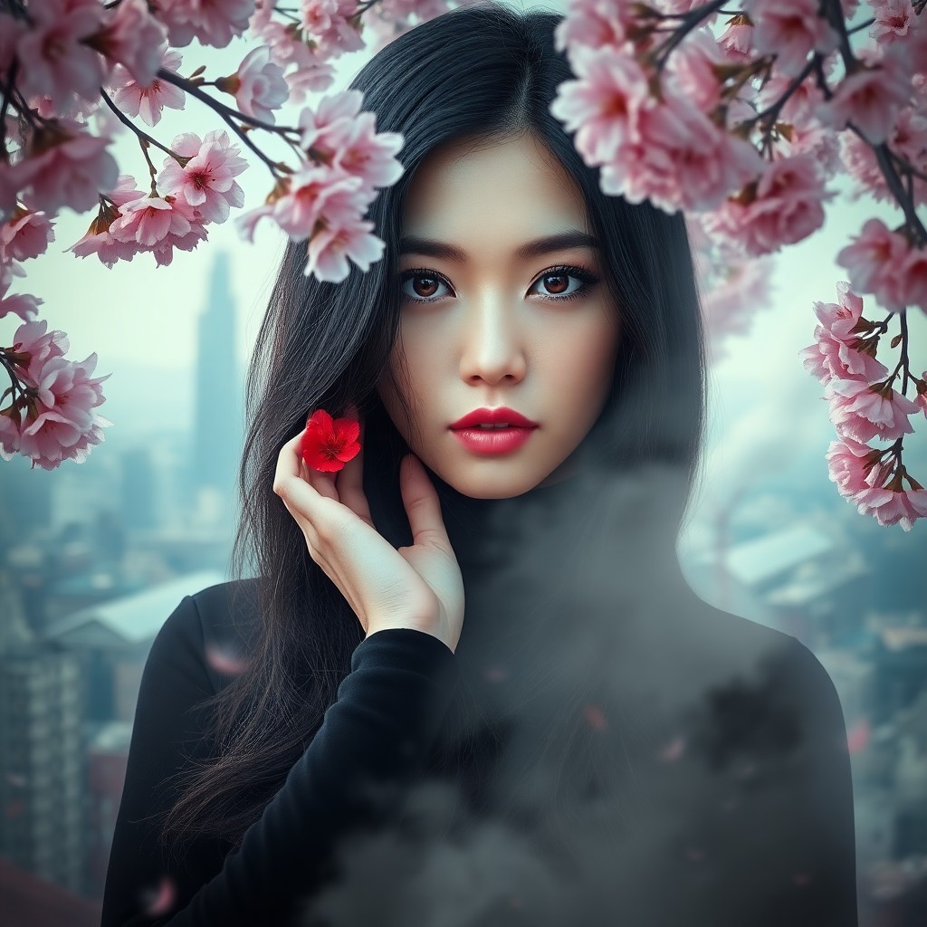 AI generated art for prompt: A captivating digital portrait showcases an enigmatic woman amidst a serene mist of blooming cherry 