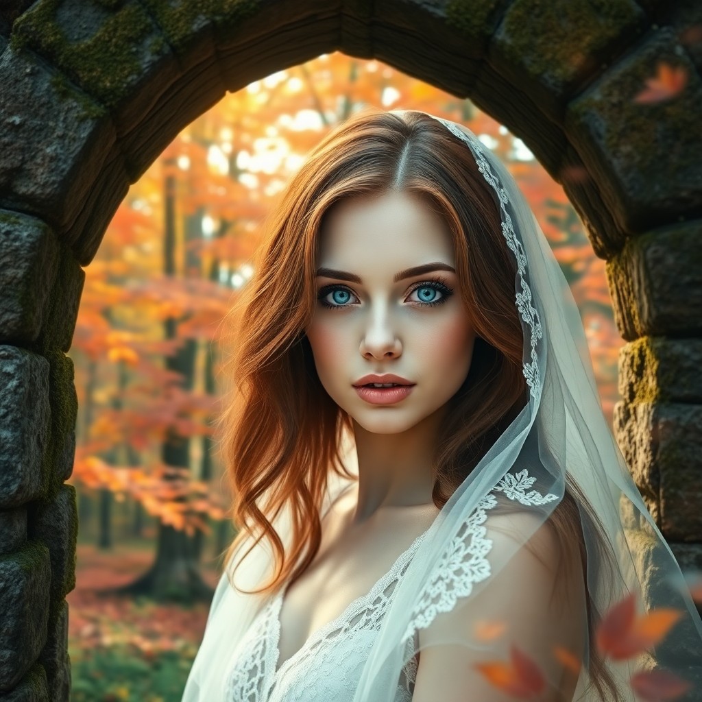 AI generated art for prompt: A captivating digital portrait showcases a woman with mesmerizing blue eyes and cascading chestnut h