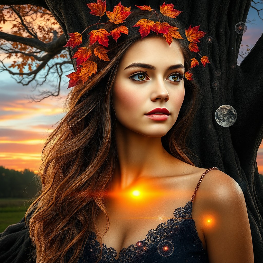 AI generated art for prompt: Craft a photorealistic portrait of a young woman with cascading hair adorned by autumn leaves; her e