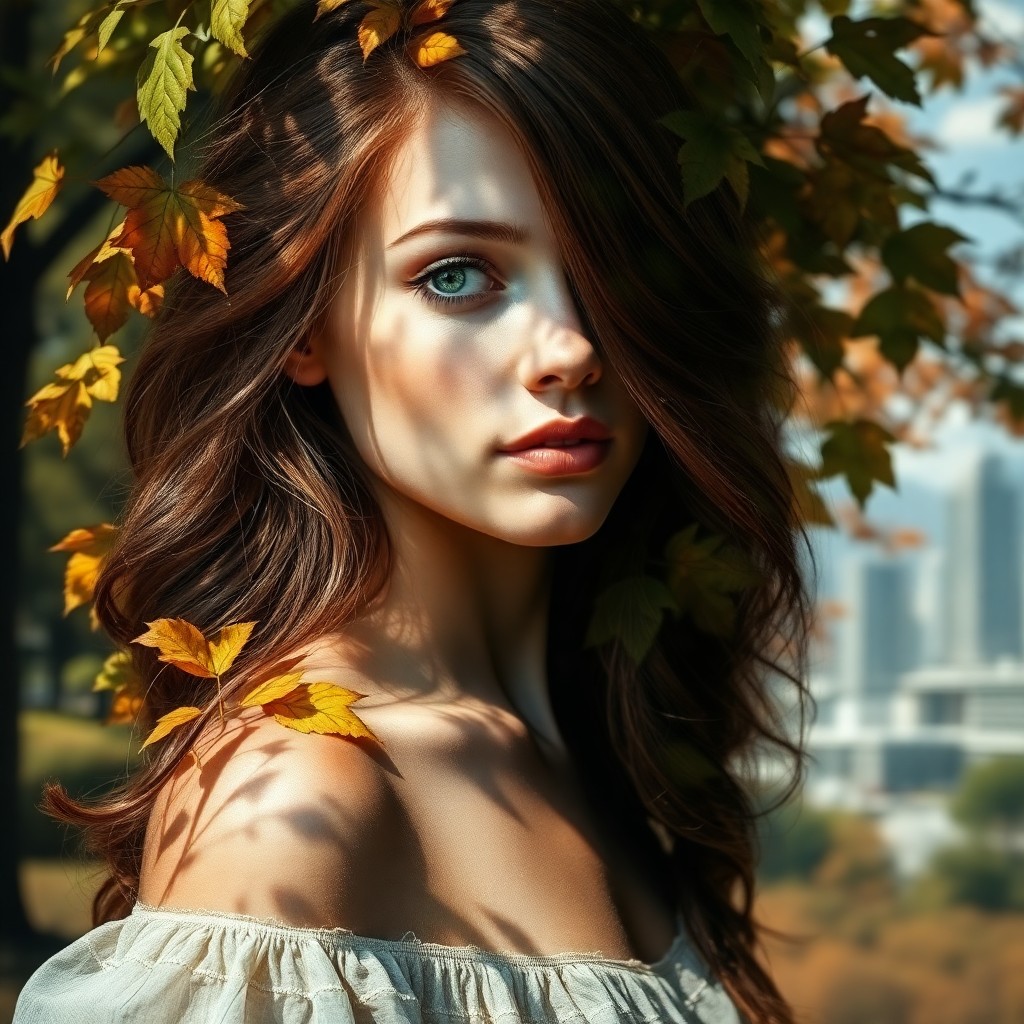 AI generated art for prompt: Craft a photorealistic double exposure portrait of an enchanting young woman with cascading chestnut