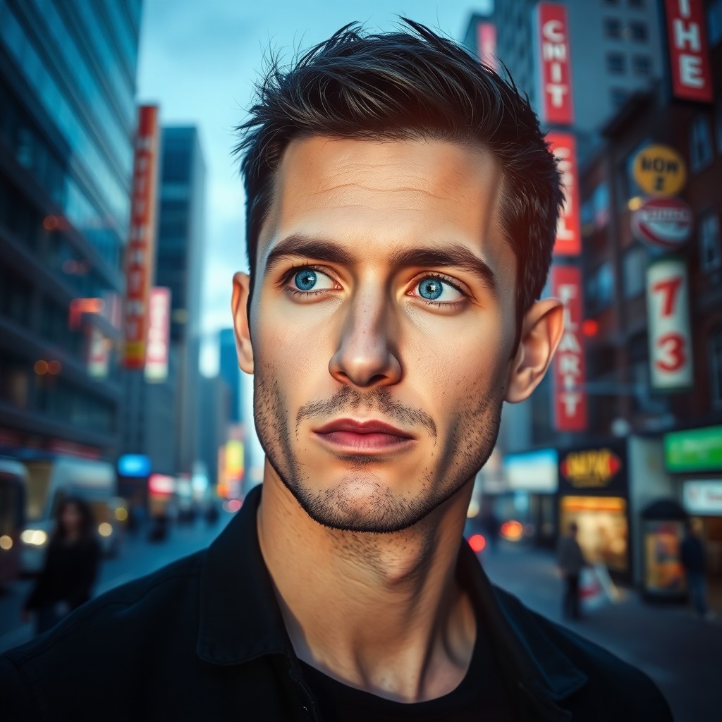 AI generated art for prompt: Visualize a captivating double exposure portrait of an early thirties male with piercing blue eyes, 