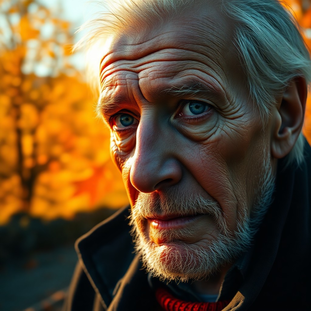 AI generated art for prompt: A photorealistic portrait of an elderly man with weathered skin and piercing blue eyes, his gaze fix