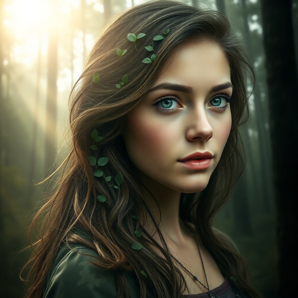 AI generated art for prompt: A photorealistic portrait depicts an enigmatic young woman in her late twenties, her cascading hair 