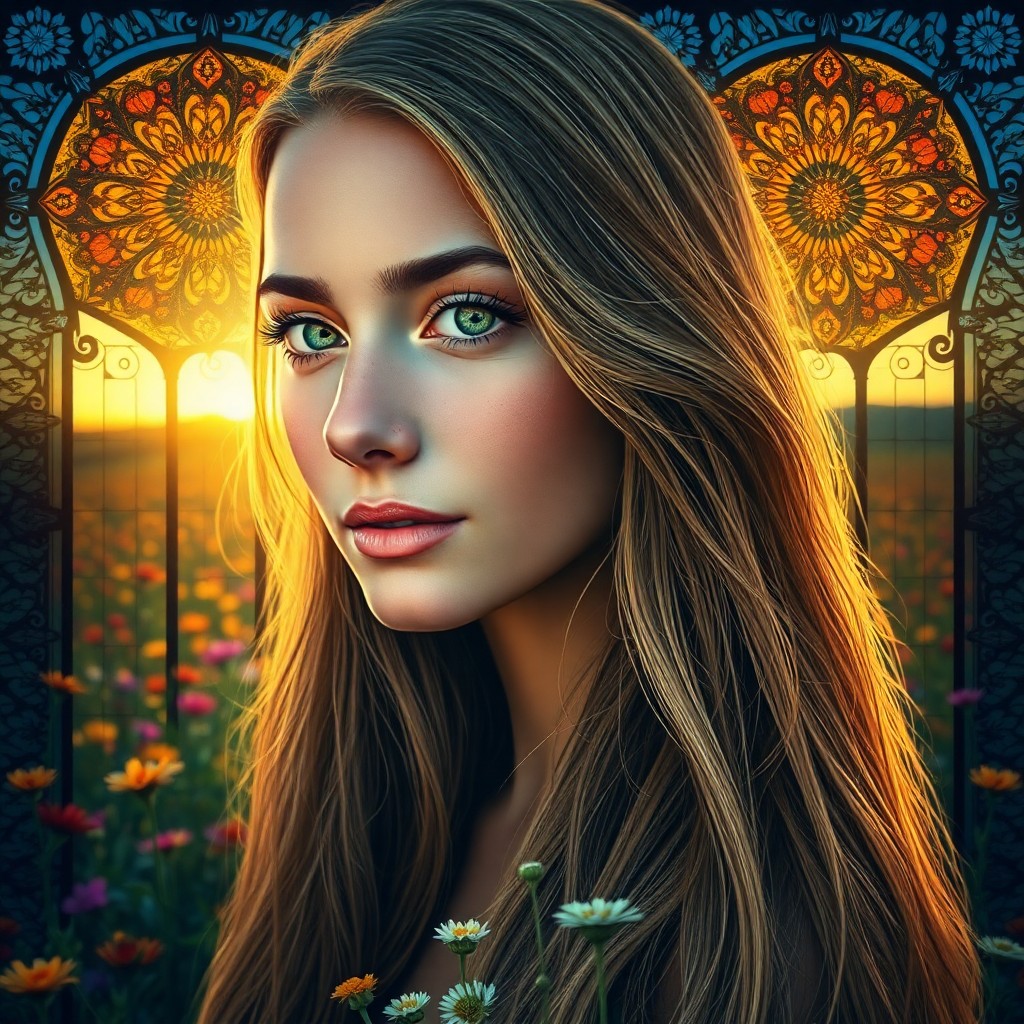 AI generated art for prompt: Craft a photorealistic digital portrait of a young woman adorned with long flowing locks and captiva