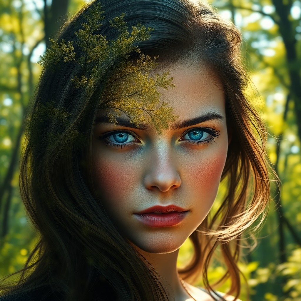 AI generated art for prompt: Craft a photorealistic digital portrait of a stoic young woman with intense blue eyes and flowing da